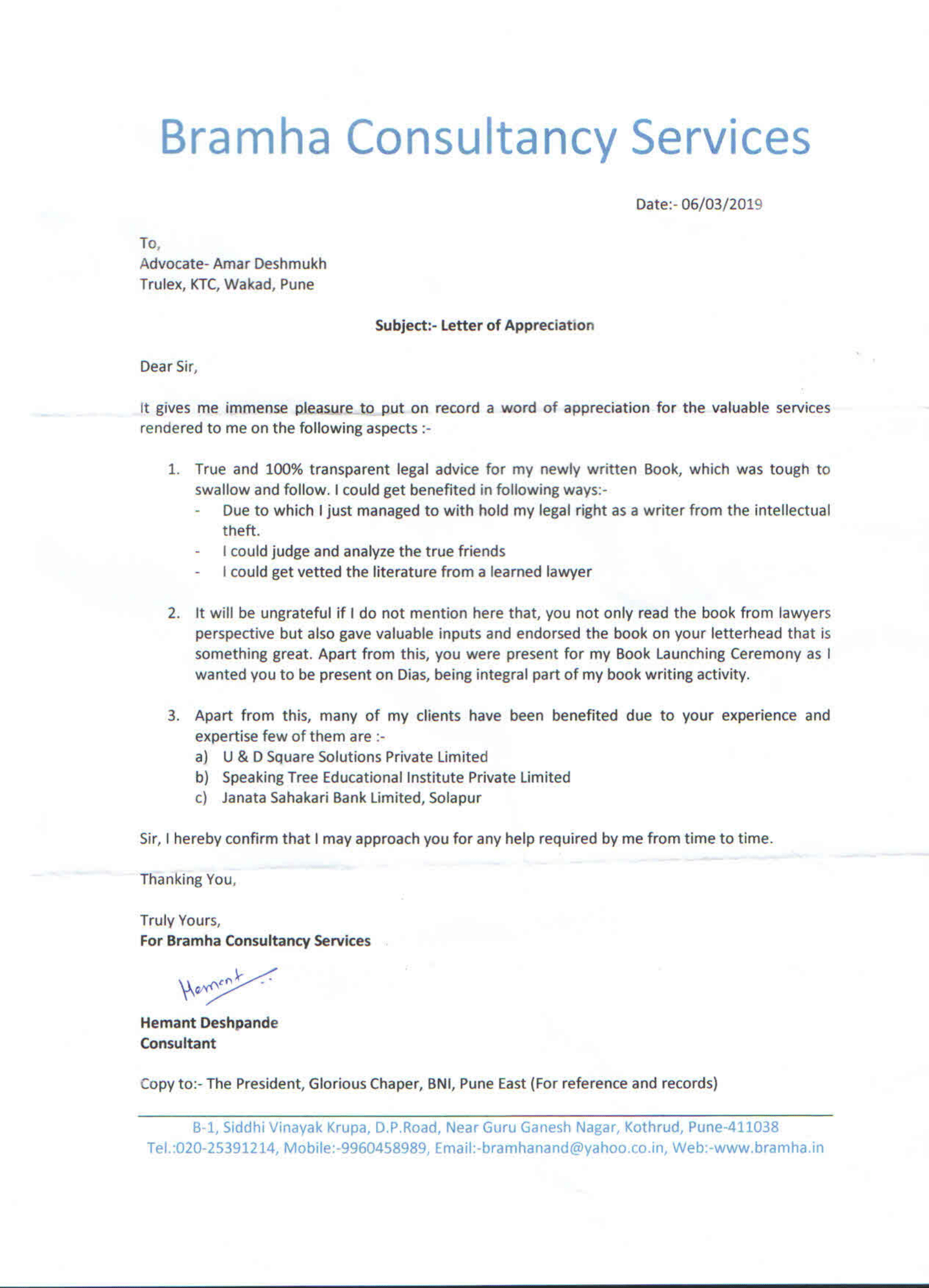Letter of appreciation from Bramha Consultancy Services